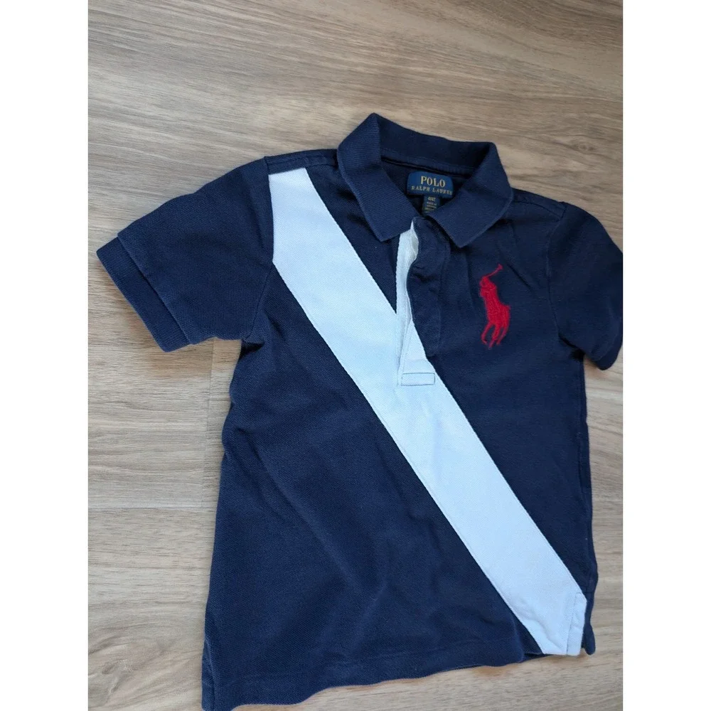 Polo Ralph Lauren Kids Blue Short Sleeve Polo Shirt Rugby Stripe Big Red Pony 4T